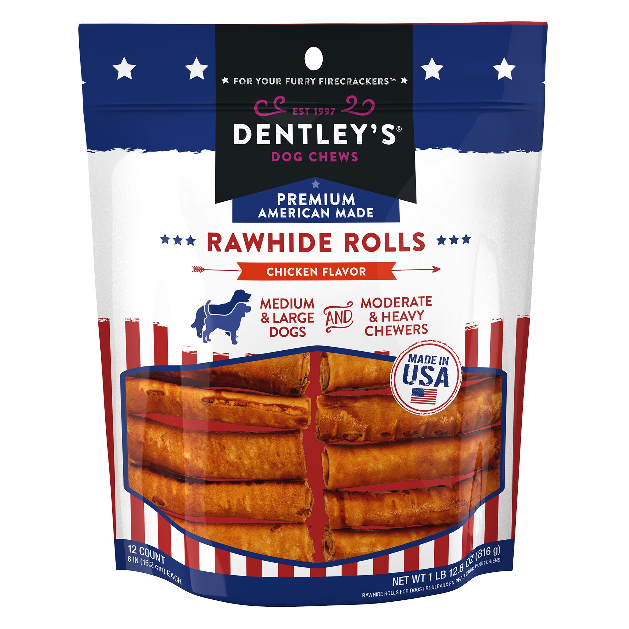 Dentley's® American Made 6" Rawhide Rolls Dog Chew Chicken, 12 Count