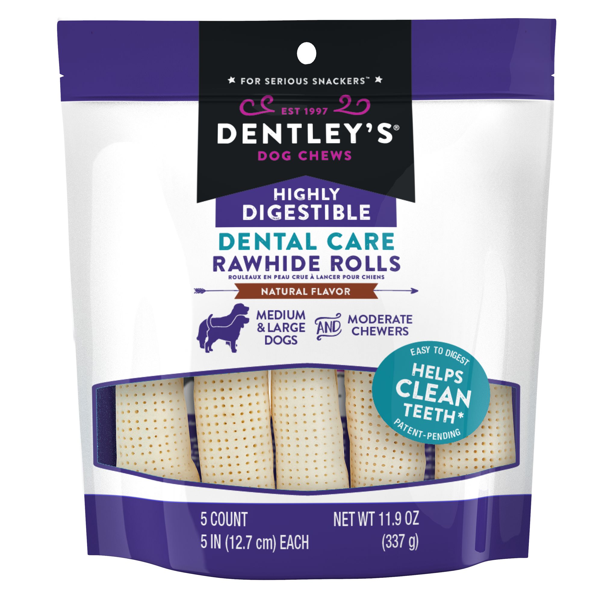 Dentley's® Highly Digestible 5" Dental Rawhide Rolls Dog Treat 5