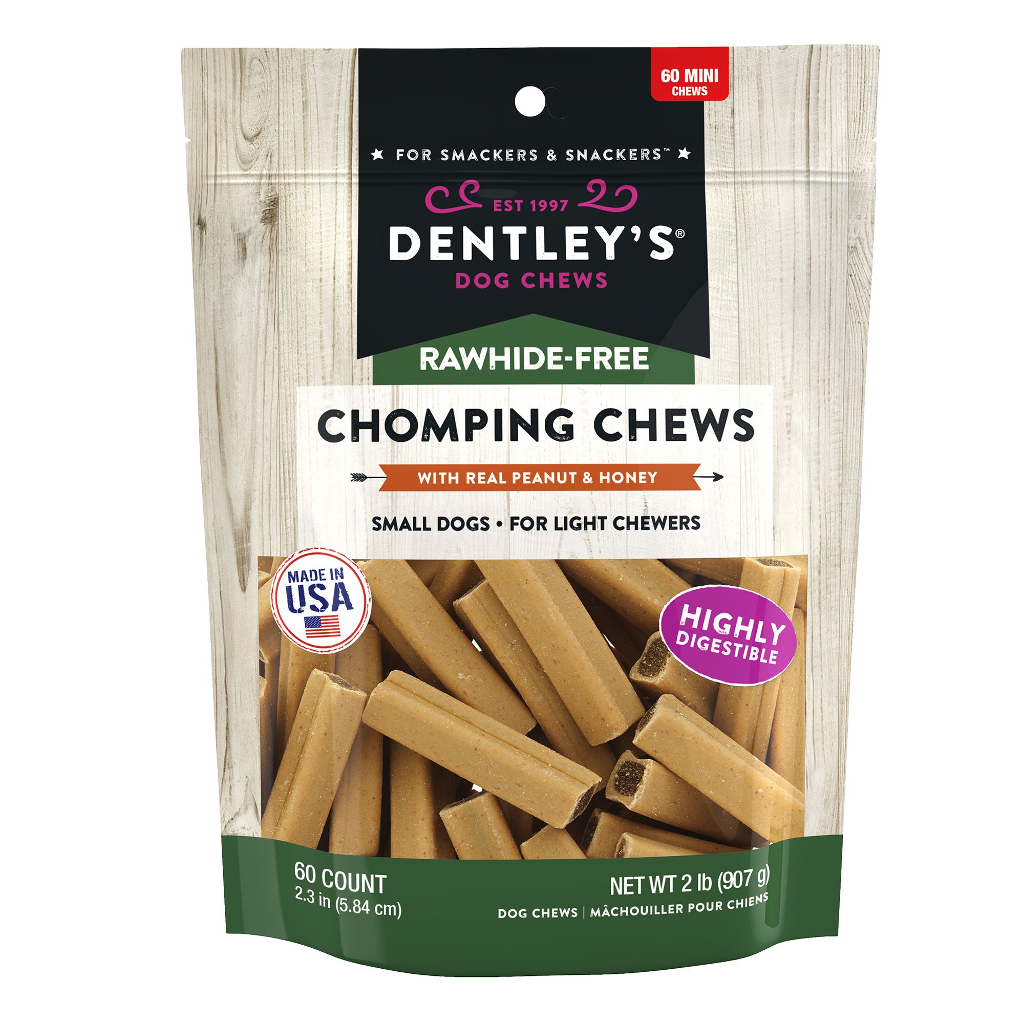 Dentley's® RawhideFree Mini Chomping Chews Dog Chew Peanut Butter, 2 lb
