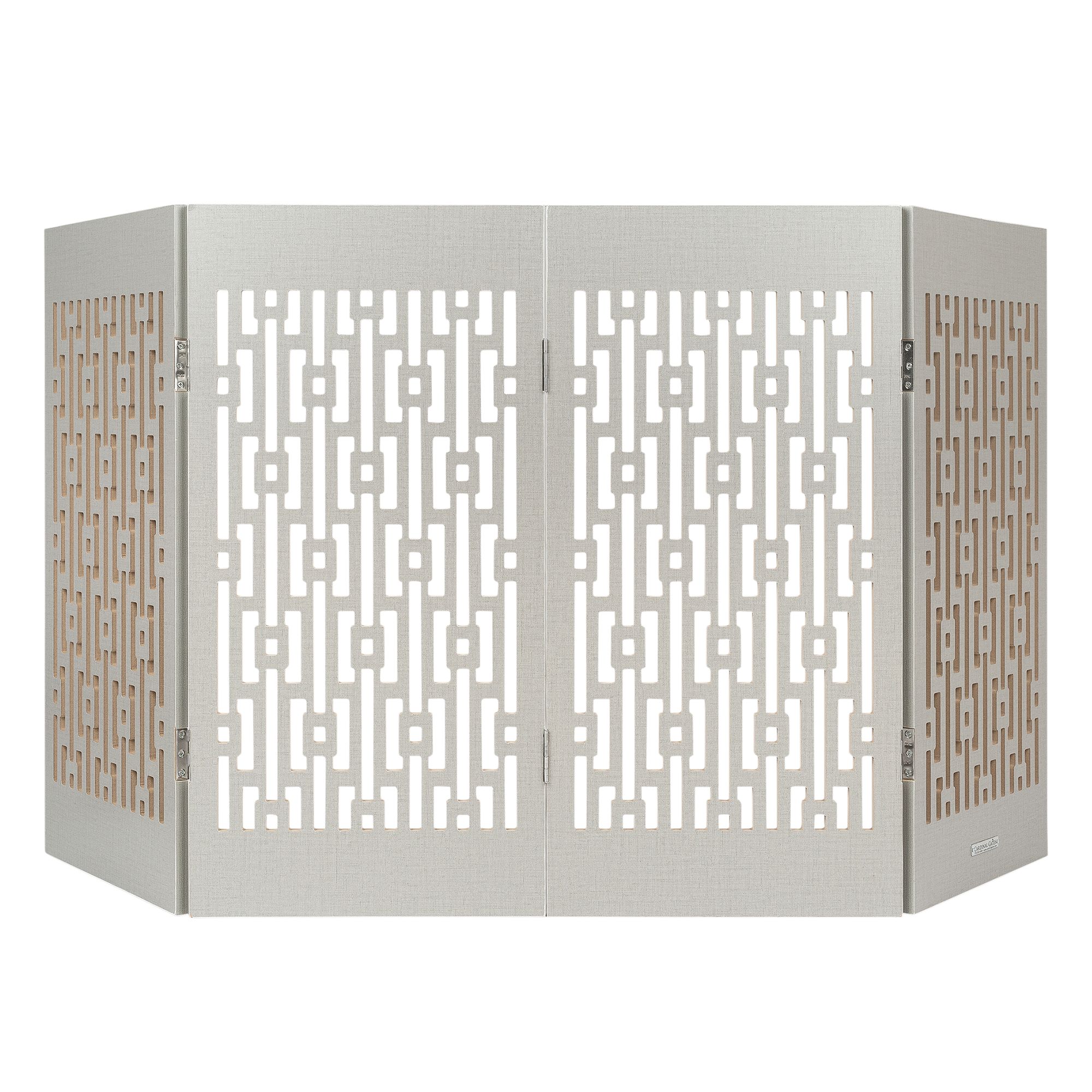 Cardinal Gates Decorative Gray Geometric Freestanding Pet Gate dog