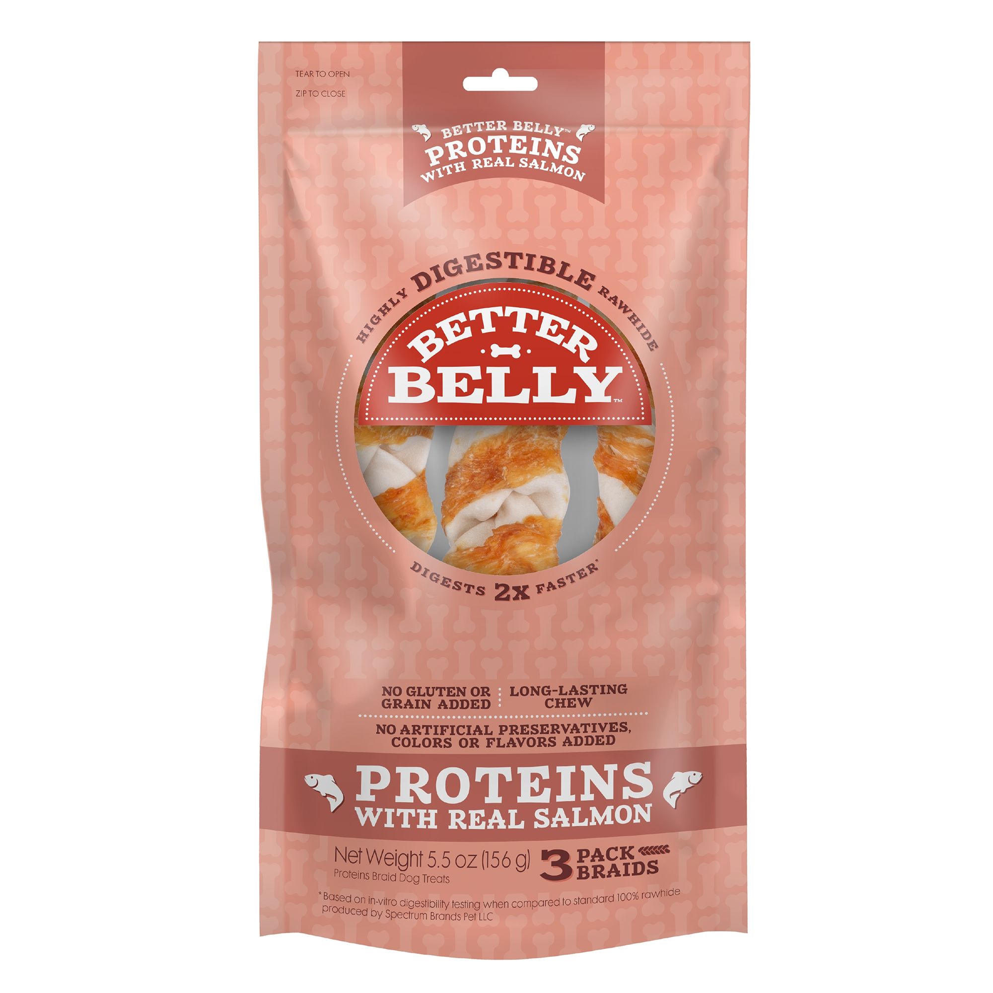 Better Belly Proteins Rawhide Braids Dog Treats Real Salmon dog