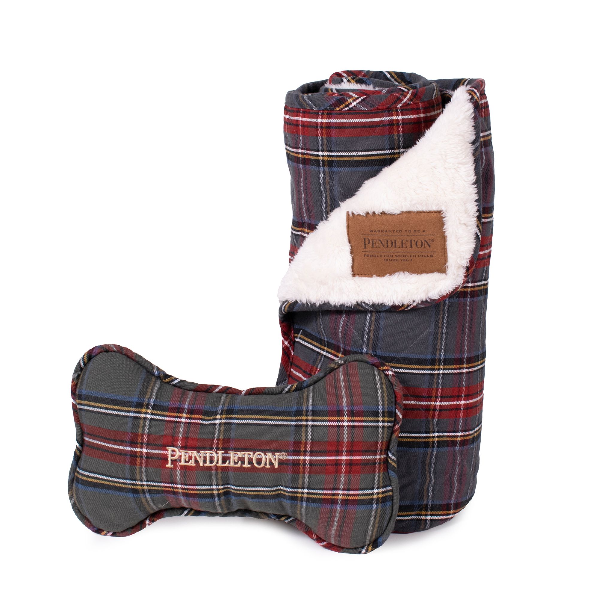 Pendleton Grey Stewart Plaid Pet Throw and Bone Toy Combo Set dog