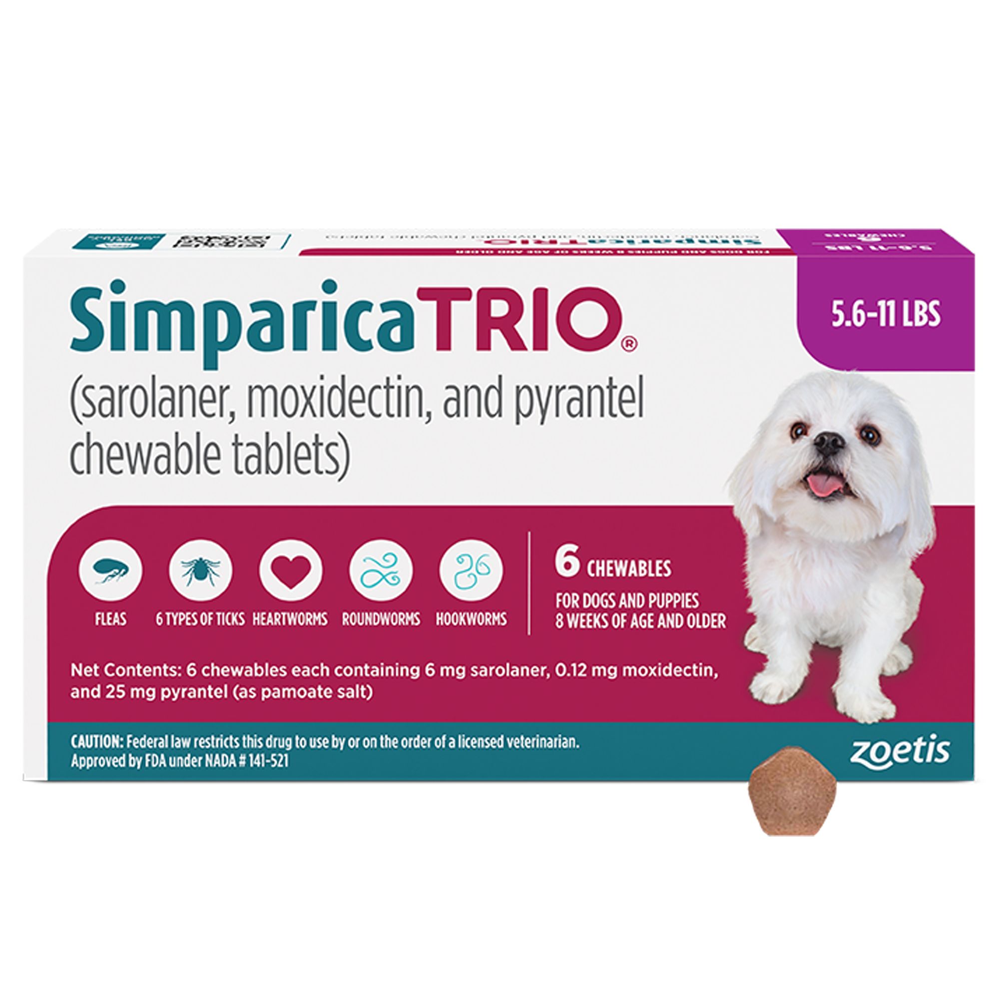Simparica Trio Chewable Tablets for Dogs 5.611 lbs Purple, 6 Month