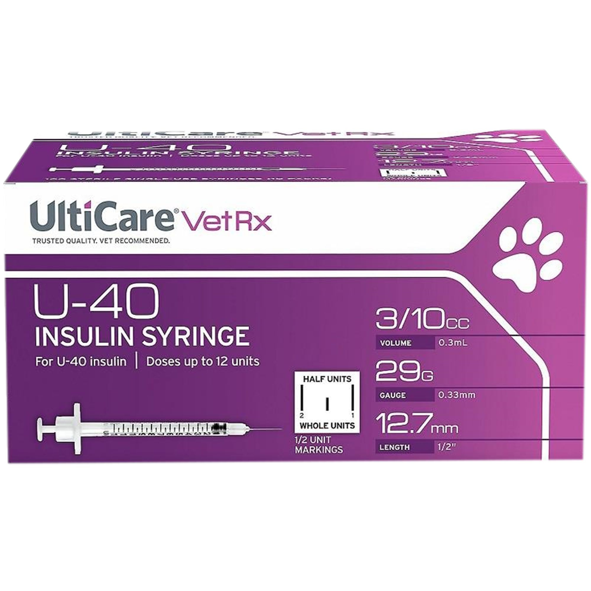 Ulticare U40 Insulin Syringes 29g Box of 100 Needle 1/2 inch
