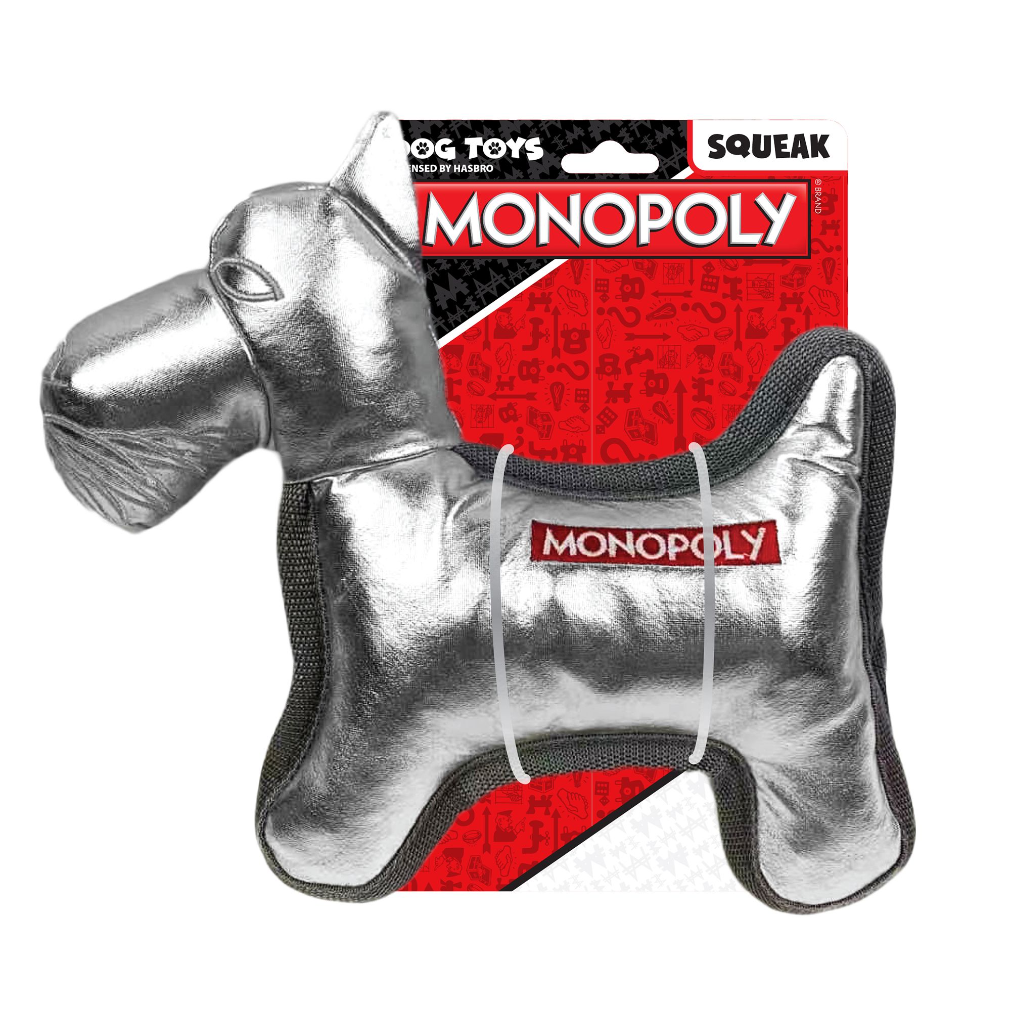 Hasbro Monopoly Dog Tough Plush Dog Toy Squeaker, Crinkle dog Plush