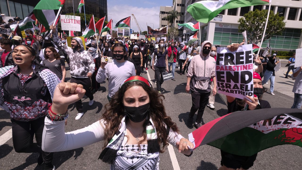 Demonstrators rally for Palestinian rights in West LA