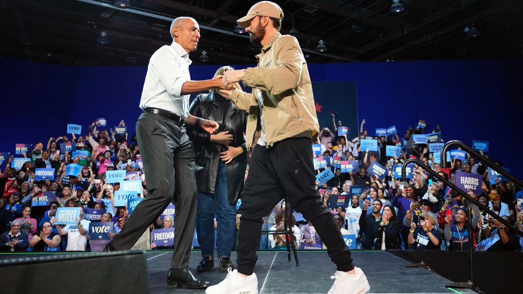 Eminem, Barack Obama campaign for Harris in Detroit