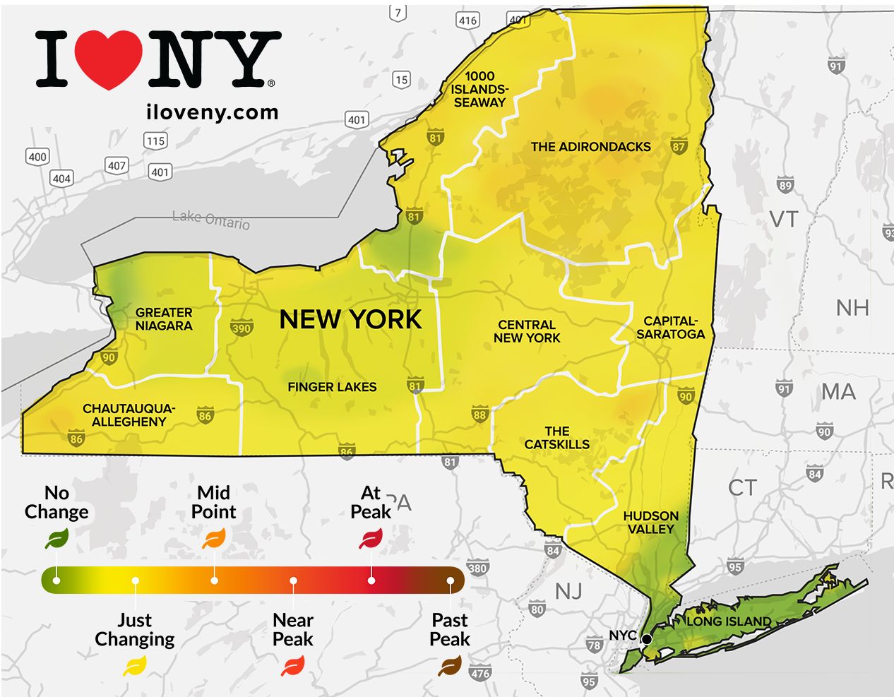Fall color has spread across most of Upstate New York