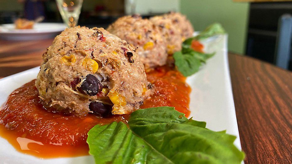 Meatball Stoppe's meatless spicy black bean yuca