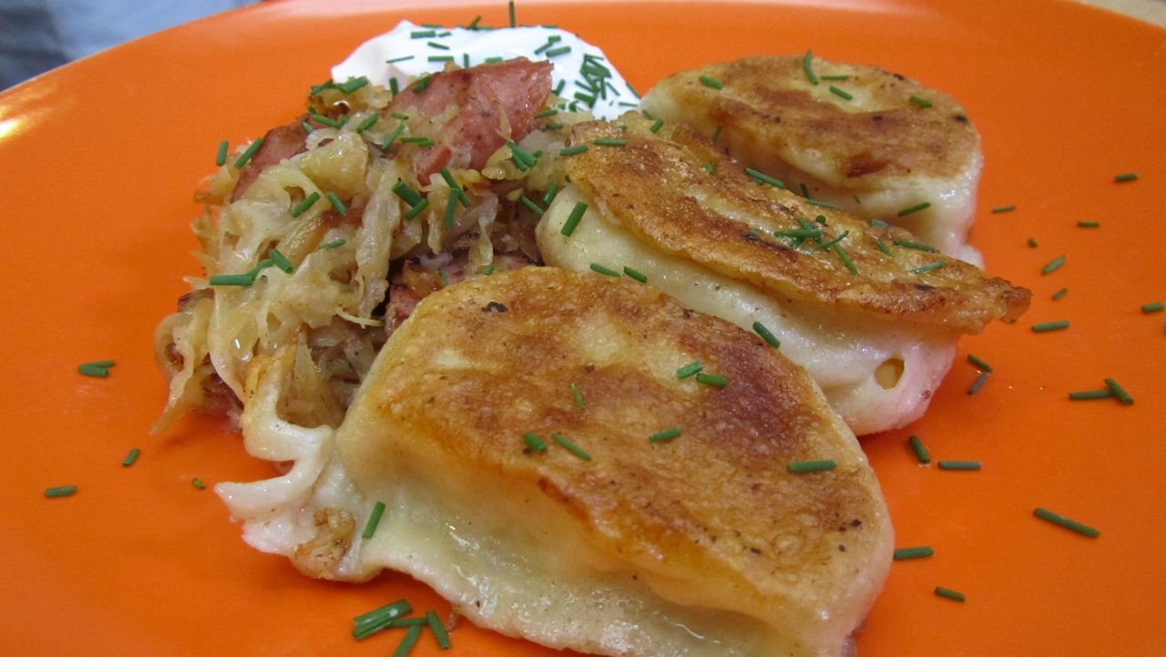 Potato Pierogies with Sauerkraut and Smoked Sausage