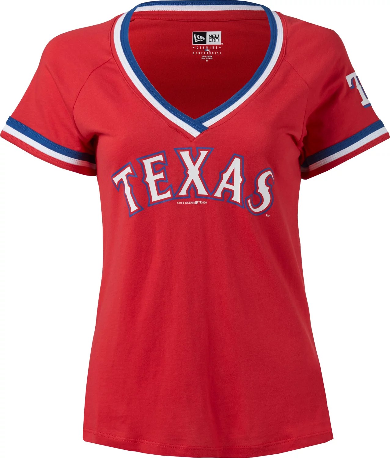 New Era Women's Texas Rangers Baby Jersey Raglan Vneck Tshirt Academy