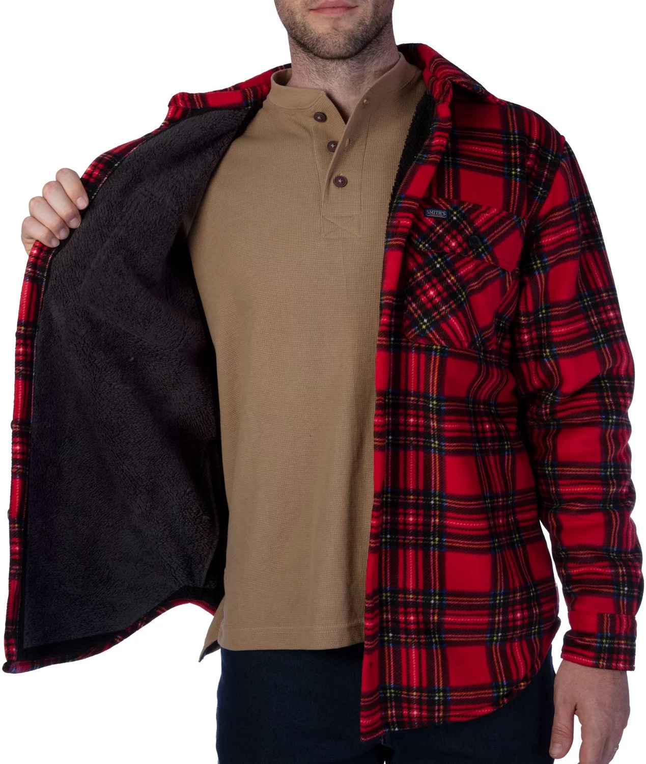 Smith's Workwear Men's Sherpa Lined Plaid Microfleece Shirt Jacket