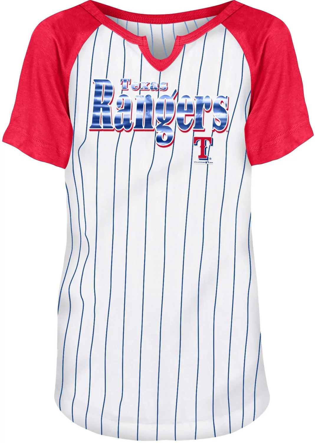 New Era Girls' Texas Rangers Pinstripe Raglan VNotch Scoop Neck T