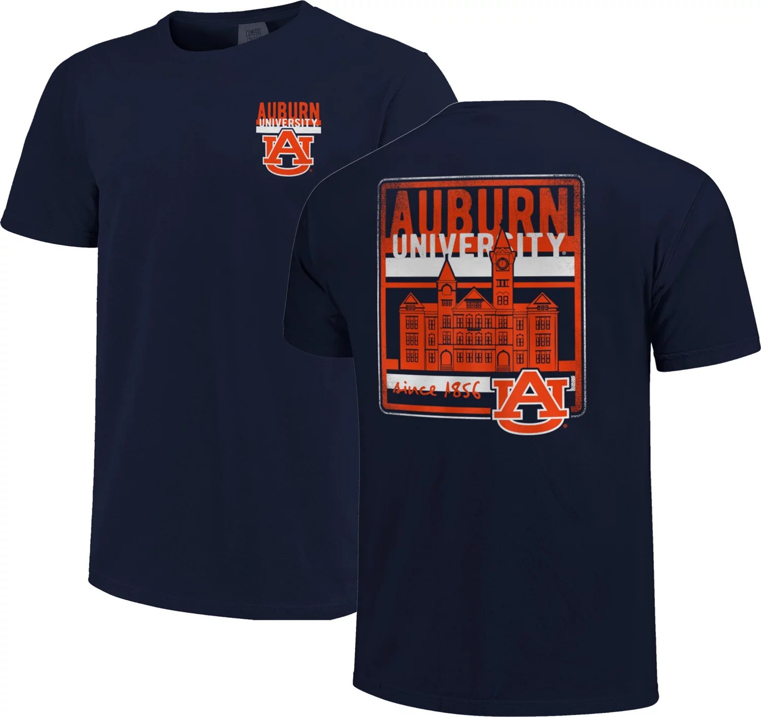 Image One Men's Auburn University Comfort Color Building Type & Stripes Tshirt Academy