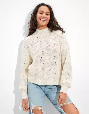 AE Cable Knit Mock Neck Sweater