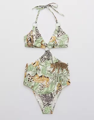 Aerie Printed Cut Out Ring One Piece Swimsuit
