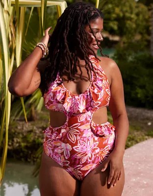 Aerie Ruffle Halter One Piece Swimsuit