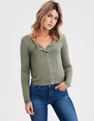 AE Long Sleeve Snap Front Henley TShirt, Olive American Eagle Outfitters