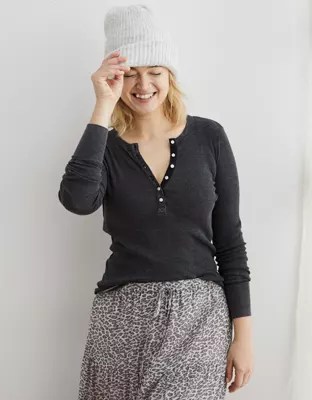 Aerie Ribbed Henley Long Sleeve TShirt