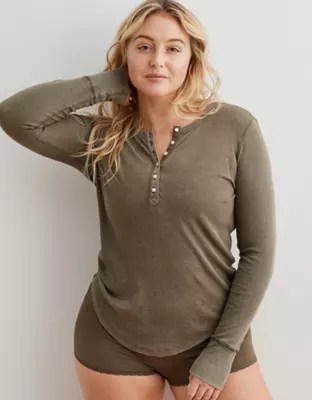 Aerie Ribbed Henley Long Sleeve TShirt