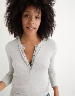 Aerie Ribbed Henley Long Sleeve TShirt