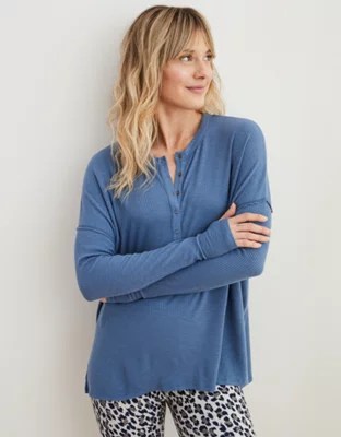Aerie Ribbed Oversized Henley Long Sleeve TShirt