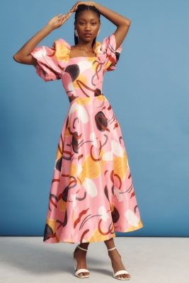 Printed Linen PuffSleeve Cutout Dress Nuuly