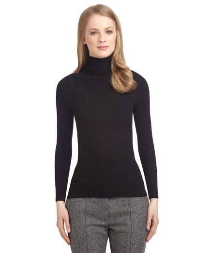 Women's Black Fleece Navy Blue Ribbed Turtleneck Sweater