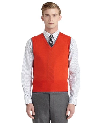 Men's Black Fleece Orange Merino Wool Sweater Vest Brooks Brothers