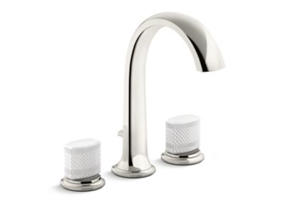 Script Bath Faucet, Arch Spout, White Porcelain Knob Handles P25009