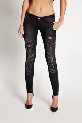 LowRise Skinny Jeans with Chains in Faded Noir Wash