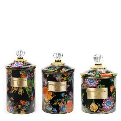 MacKenzieChilds Black Flower Market Canisters, Set of 3