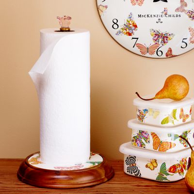 MacKenzieChilds Butterfly Garden Wood Paper Towel Holder White