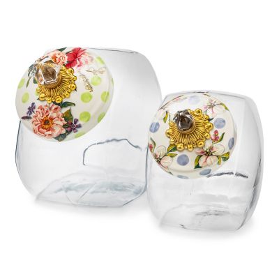 MacKenzieChilds Cookie Jar with Wildflowers Green Enamel Lid