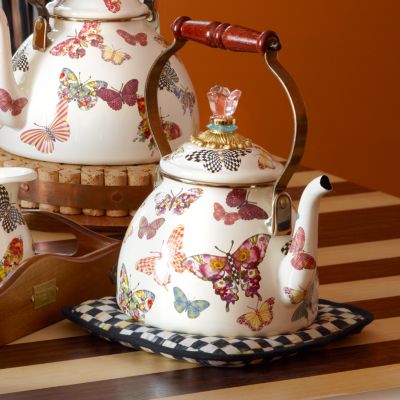 MacKenzieChilds Butterfly Garden 2 Quart Tea Kettle White