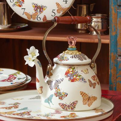 MacKenzieChilds Butterfly Garden 2 Quart Tea Kettle White