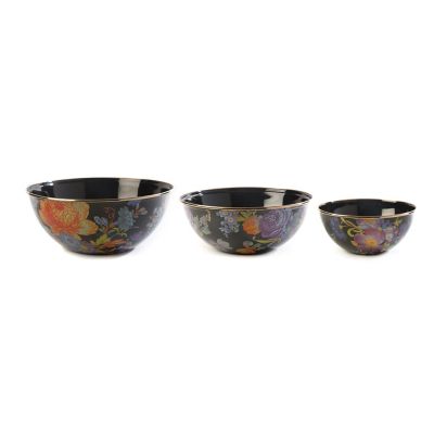 MacKenzieChilds Black Flower Market Mixing Bowls, Set of 3