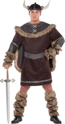 Mens Viking Warrior Halloween Costume Plus Size Tunic Cape Helmet Leg