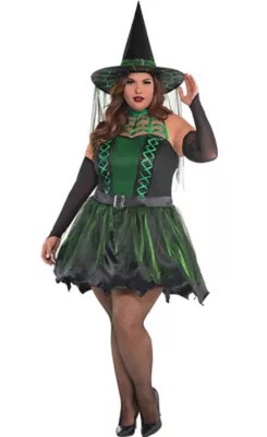 Spell Caster Black & Green Witch Halloween Costume for Women, Plus Size