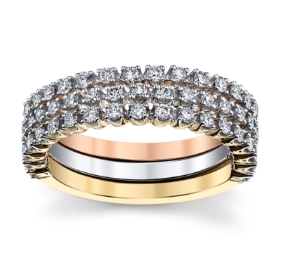 Stacked 14K Tricolor Diamond Wedding Band 3/4 cttw