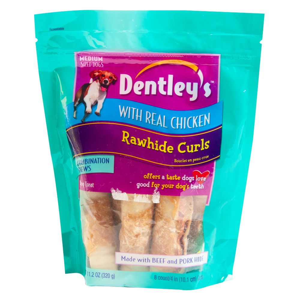 Dentley's Rawhide Curls Dog Treats size 8 Count, Adult, Beef Rawhide