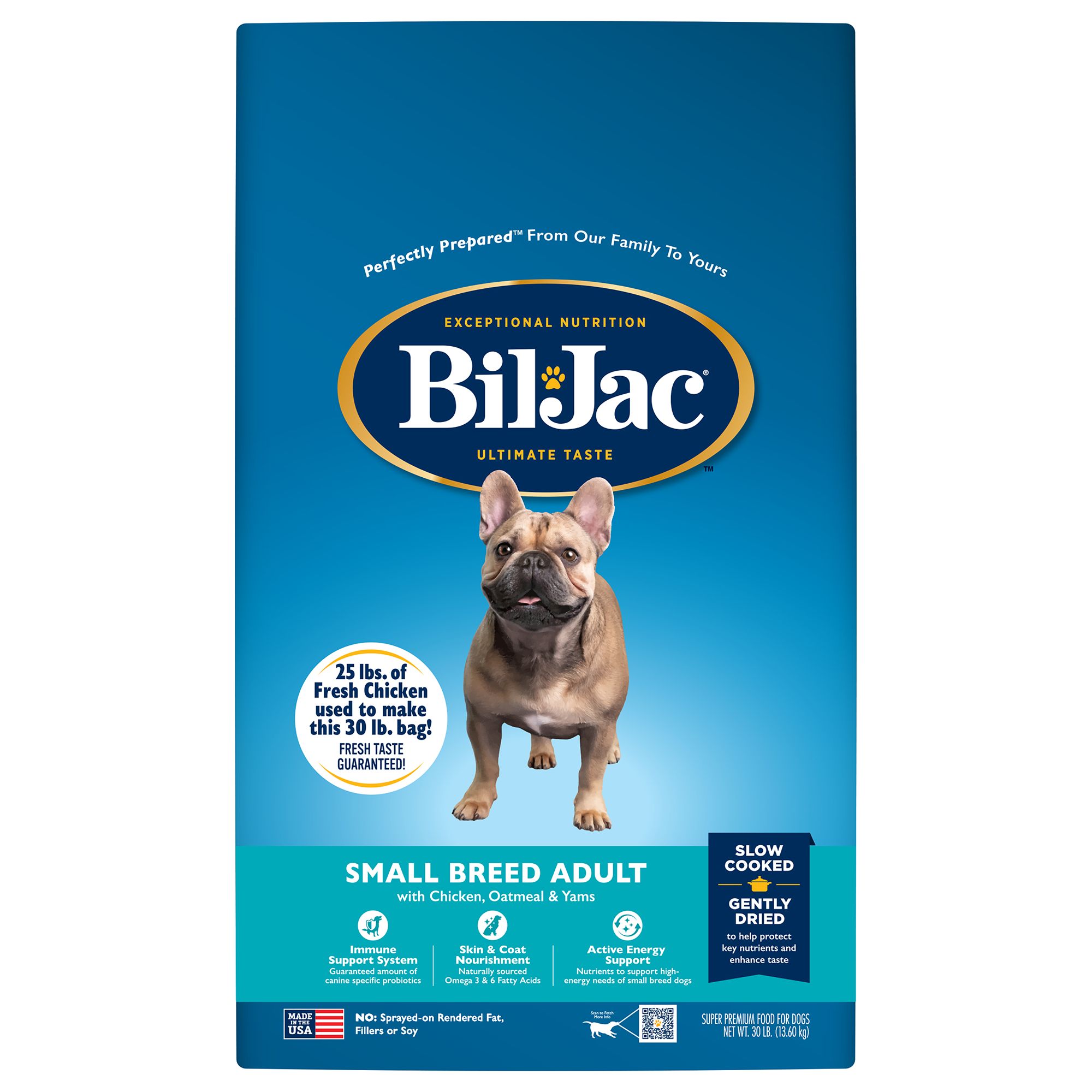 BilJac Small Breed Adult Dog Food size 30 Lb, Chicken, Oatmeal & Yams