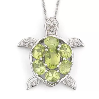 Genuine Peridot & White Topaz Turtle Pendant Necklace