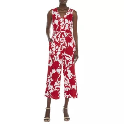Liz Claiborne Sleeveless Belted Jumpsuit, Color Cabaret Red Floral