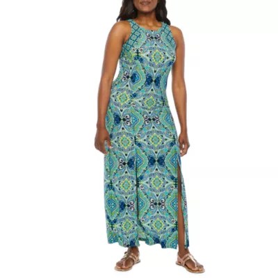 London Style Sleeveless Medallion Maxi DressPetite, Color Green