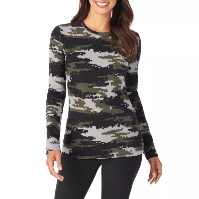 Cuddl Duds Womens Fleece Pajama Top Crew Neck, Color Grey Camo JCPenney