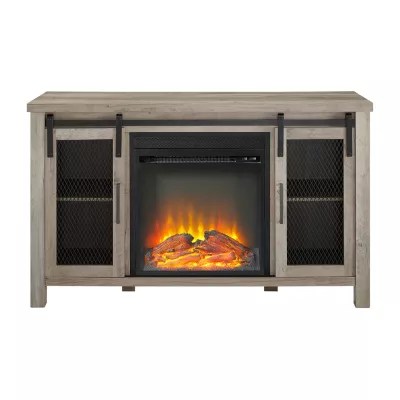 Rustic Sliding Door Fireplace TV Stand, Color Grey Wash