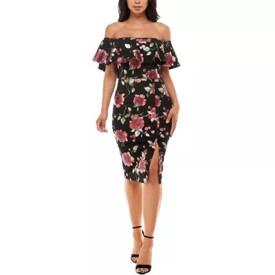 Premier Amour Short Sleeve Off The Shoulder Floral Sheath Dress
