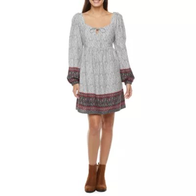 Arizona Long Sleeve Babydoll Dress Juniors, Color Wht Swan Paisley