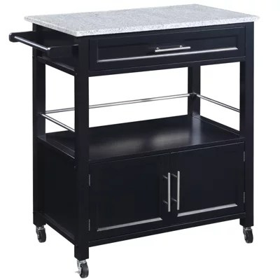 Davin Granite Top Rolling Kitchen Cart with Towel Rack, Color Black